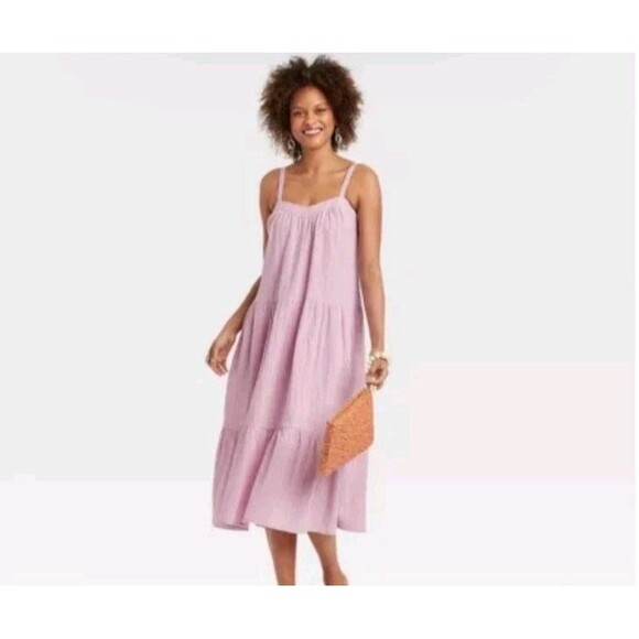 Knox Rose Womens Lavender Cotton Midi Dress Spaghetti Straps Pockets Small - Picture 2 of 10